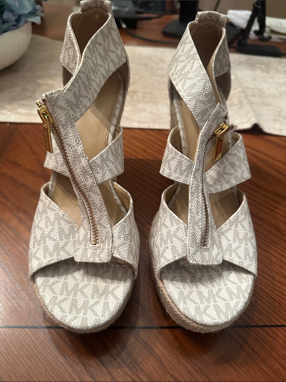 Michael Kors Tan Logo Zip-Up Espadrille Wedge Sandals - Picture 2 of 8